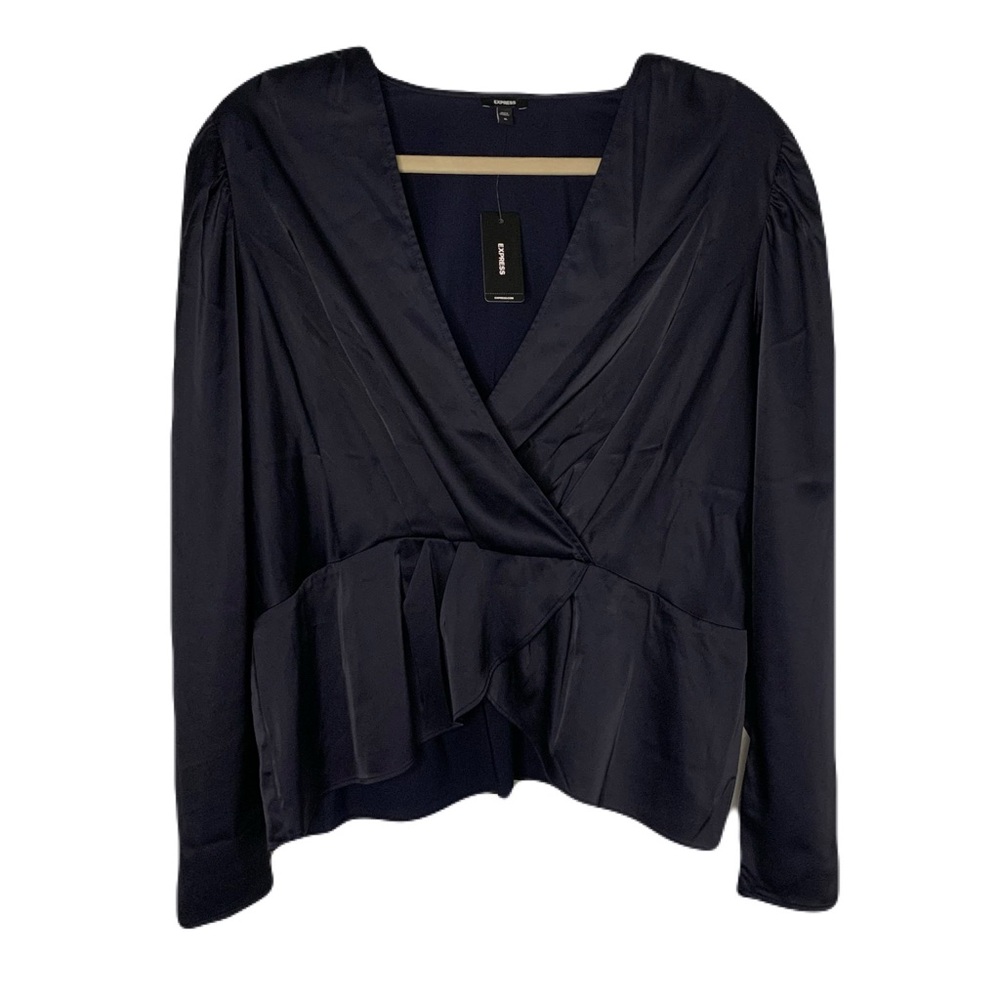 NWT Express Women’s XL Navy Blue Satin Surplice Puff Sleeve Blouse Top Feminine